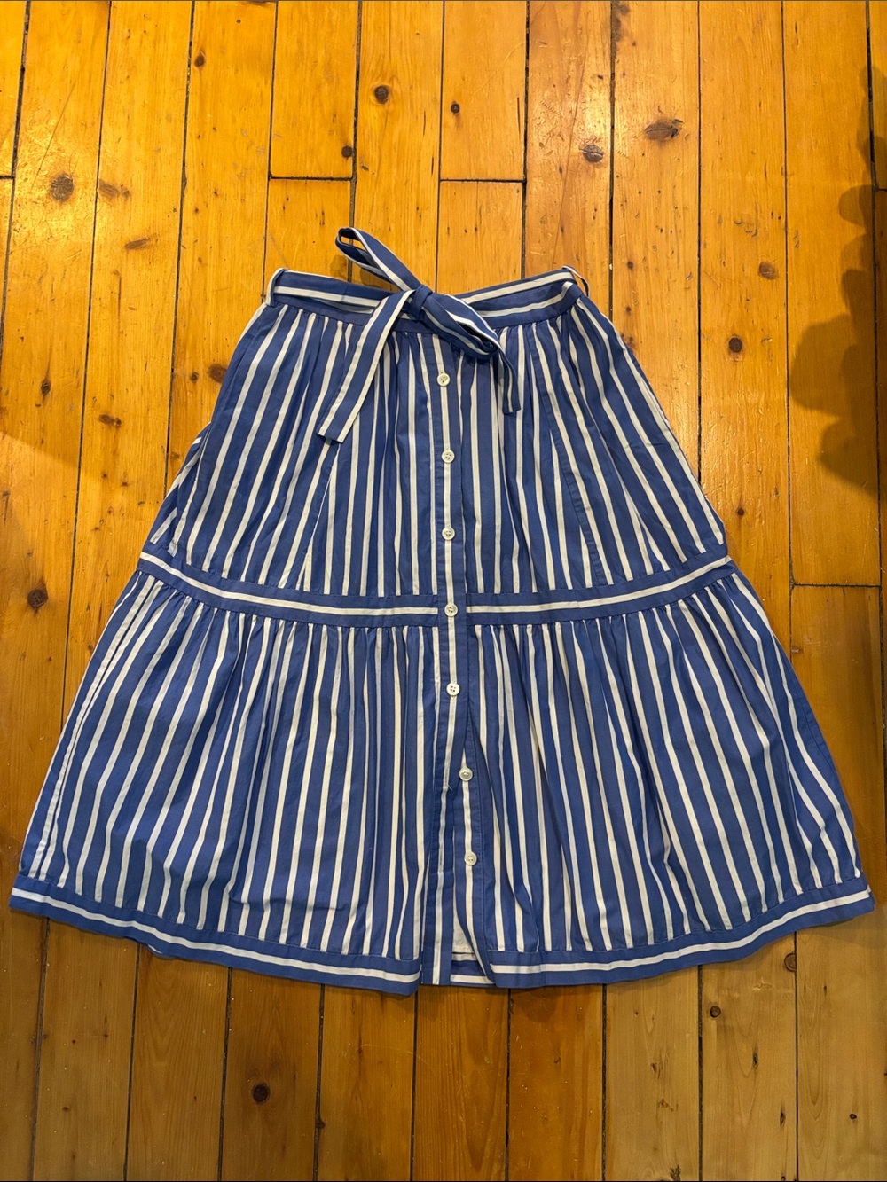 J. Crew Blue and White Striped Button-Front Midi Skirt with Tie Waist